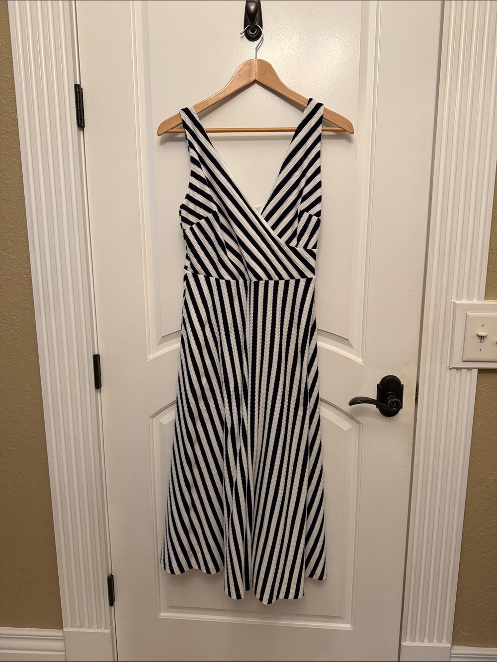Boden Black and White Striped Sleeveless Wrap Midi Dress